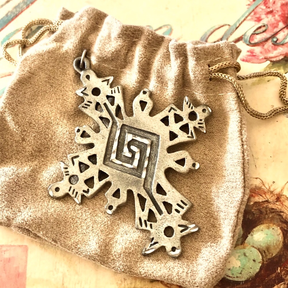 Large Silver Aztec Southwestern Vintage Cross Pendant by MasterWorks